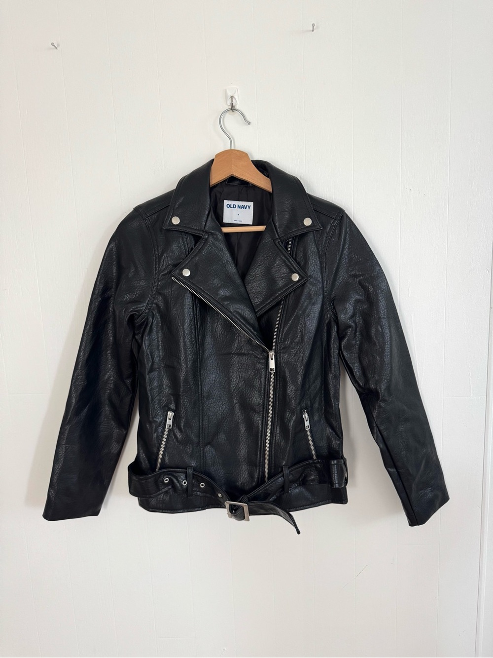 Old Navy Black Faux Leather Biker Jacket with Belt